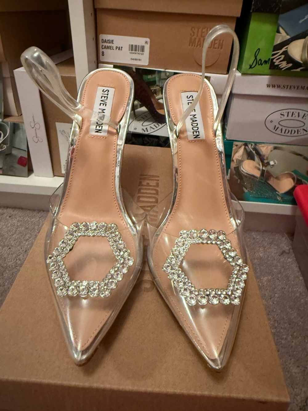 Steve Madden Clear PVC Pointed Slingback Heels with Crystal Hexagon